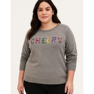 Torrid 3X Holiday CHEERS Sweater Sequin Graphic Gray Cotton Festive Pullover
